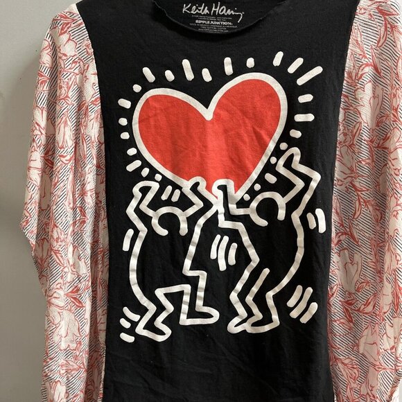 Ripple Junction X Keith Haring Top Women S DYI Added Floral Sleeves Flowy Casual - Picture 3 of 7